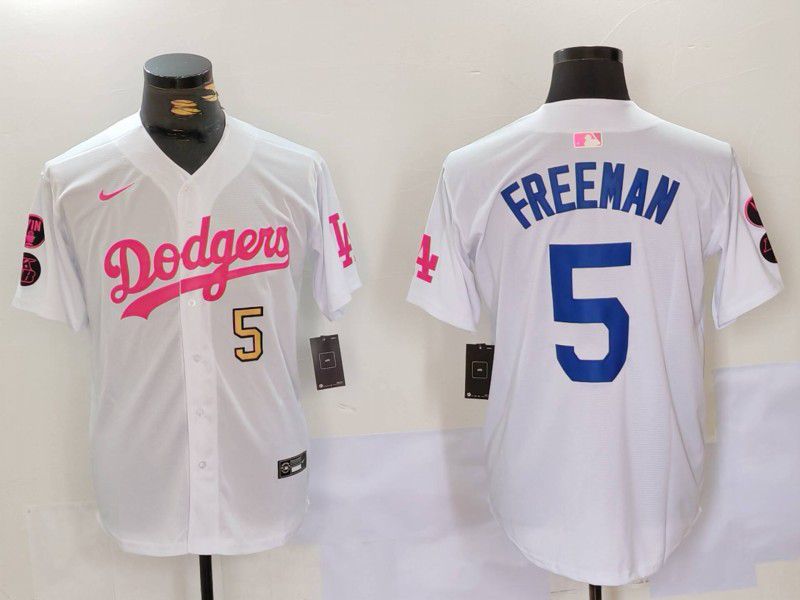 Men Los Angeles Dodgers #5 Freeman White pink joint name 2024 Nike MLB Jersey style 4